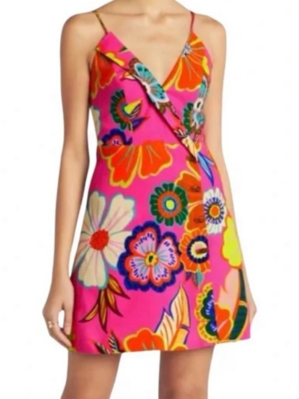 FARM Rio Pink Linen Floral Wrap-Style Mini Dress - Picture 8 of 9